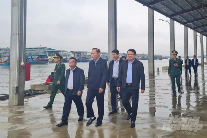 Hình ảnh: Thứ trưởng Phùng Đực Tiến - Bộ Nông nghiệp và Môi trường cùng các đồng chí lãnh đạo UBND tỉnh, Sở Nông nghiệp và Môi trường kiểm tra chống khai thác IUU tại cảng cá Lạch Quèn